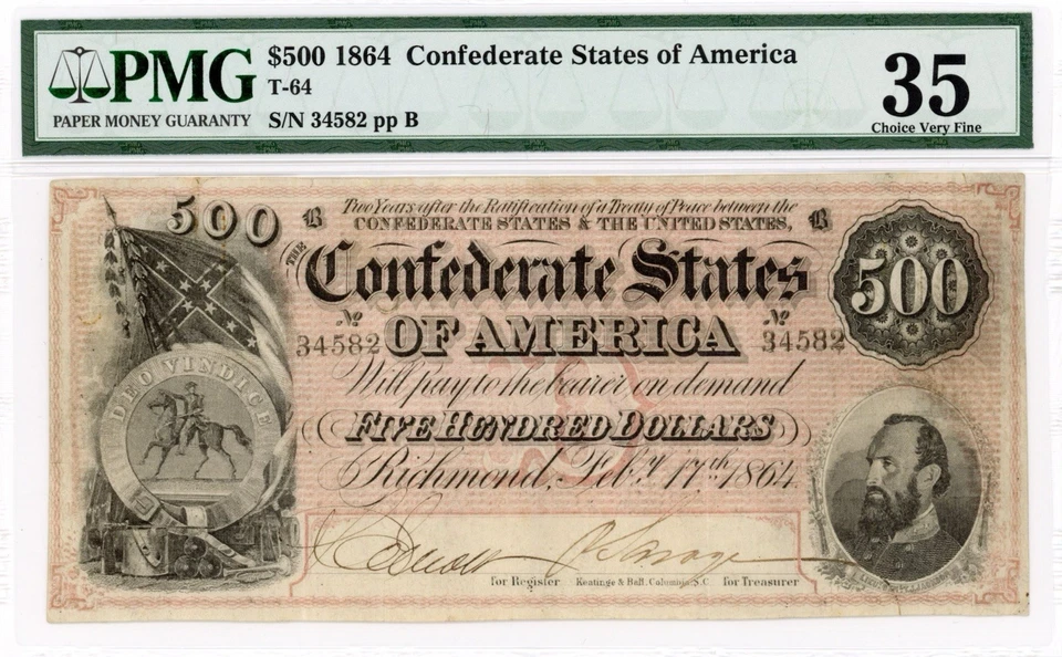 1864 Confederate States $500 Note, T-64, PMG 35-Stonewall Jackson-Good Color - Image 1 of 2
