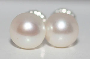Solid Sterling Silver 10mm Cultured White Pearl Stud Earrings Heavy Duty Backs - Picture 1 of 4