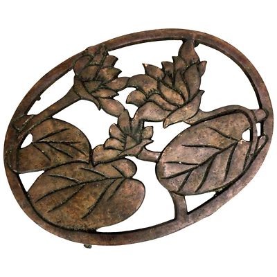 Estufa de placa caliente trivet floral de hierro fundido hojas de Taiwán 8 x 6" pulgadas bronce vintage Foto 1 de 4
