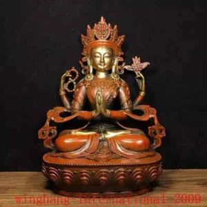 12"Tibetan Buddhism temple bronze gilt 4 Arms Chenrezig GuanYin Buddha statue - Picture 1 of 9