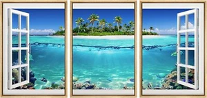 Wall26 Window Beach Tropical View Wall Art Framed Canvas Prints Set of 3 - Picture 1 of 13