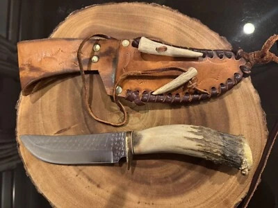 Cuchillo Bowie Vintage Grabado Mango Cuerna Firmado por Artesano con Funda Foto 1 de 4