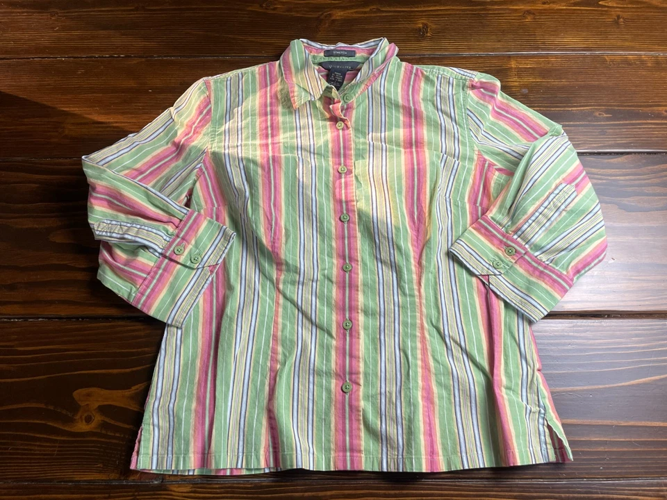 Van Heusen Shirt Women's Size Large Pink Green Striped Button Up *Runs small* - Изображение 1 из 4