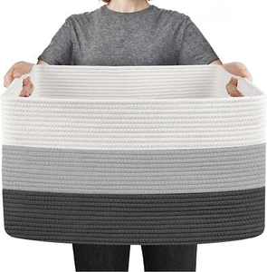 Extra Large Cotton Rope Basket, Rectangle 23.6 x 15.7 x 14.1, 3-toned Gray - Picture 1 of 9