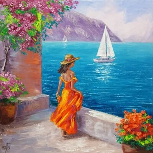 Ukraine Artist Calm Sea Daydream, Original Oil Painting Signed Wall Art Decor - Picture 1 of 24