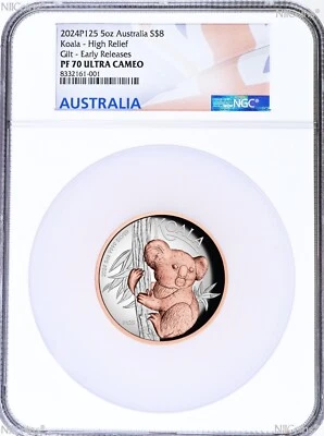 2024 Australia Pink Gold GILT HIGH RELIEF 5oz Silver Koala $8 Coin NGC PF70 ER - Image 1 of 4