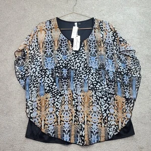 NY Collection Blouse Top Women's 1X Multicolor Animal Print Whimsy Boho Flowy - Picture 1 of 10