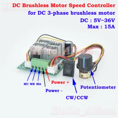 Brushless Motor Speed Controller Driver Reversible Switch DC 5V-36V 12V 24V 15A - Image 1 of 4