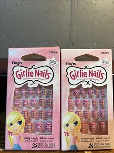 2 Pk Fing’rs Girlie Nails Easy Apply Press on Nails for Kids Pink Owls Heart BUB - Picture 1 of 3