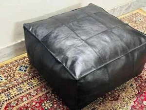 New Boho 30'' BLACK Leather Moroccan Ottoman Genuine Pouffe Footstool - Picture 1 of 5