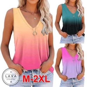 Women Tie-dye Sleeveless Tank Tops Summer Loose V-Neck T Shirts Tops Blouse LAVA - Picture 1 of 15