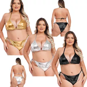 Women Lingerie Set G-String Bikini Bathing Suit Swimsuit Metallic Tie-up Bra - Picture 1 of 34