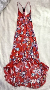 Y2K Wet Seal Orange Floral Print High Low Hem Halter Maxi Dress Boho Ruffle SM - Picture 1 of 11