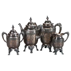 Juego de té de cuatro piezas antiguo plateado con patas C1890 - Imagen 1 de 14