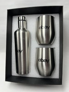eBay Wine Set Bottle and 2 Lidded Tumblers Metal Glasses - Picture 1 of 3