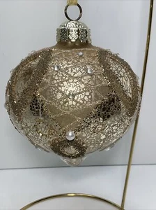 Frontgate Glass, Hand Embellished Gold, White Teardrop Ornament Large - Picture 1 of 7