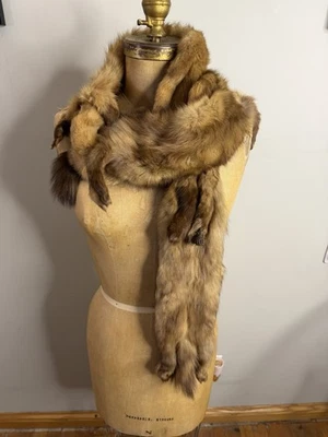 Bufanda estola de piel de visón vintage caras y pies intactos 3 cuerpos completos marrón Foto 1 de 4