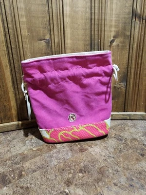 Spartina 449 Natural Linen Genuine Leather Pink & Floral Drawstring Bag NWT 7x6" - Image 1 of 4