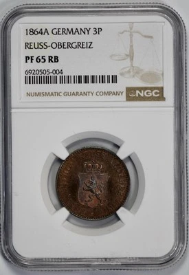 1864-A Germany Proof 3P Pfenning Reuss - Obergreiz NGC PF 65 RB - Image 1 of 4
