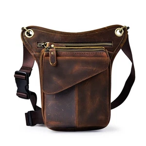 Mens Genuine Leather Cycling Waist Bum Pack Drop Leg Cross Over Thigh Bag New - Picture 1 of 14