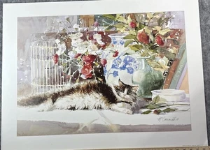Fur & Feathers Marilyn Sandler Art Print Cat Flowers Books Birdcage - Picture 1 of 10