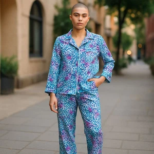 Miss Elaine Large Sliky Pajama Set Top Pants Blue Paisley Floral Print - Picture 1 of 11
