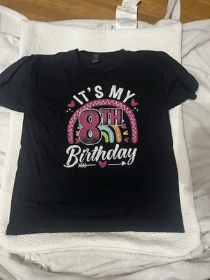 Girls Gildan Tshirt Size M 8th Birthday Shirt Black Rainbow - Image 1 of 4