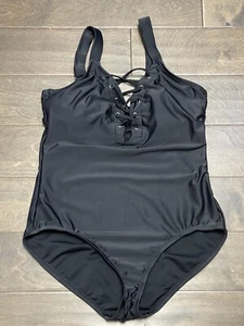 Nautica Women's 1X Slimming One Piece Swimsuit Black Tie-up Front Bathing Suit - Picture 1 of 6