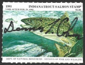 USA 1981 INDIANA Trout & Salmon Fishing Revenue Stamp #32 Signed - Picture 1 of 2