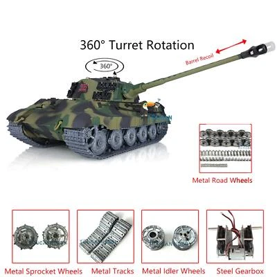 Henglong King Tiger RC Tank Customized 1/16 7.0 Metal Wheels 3888A Barrel Recoil - Image 1 of 4