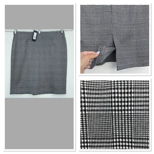 NEW M&S Sz 20 Dogtooth Checked Pencil stretch Knee Skirt black mix Slit W40 L23 - Picture 1 of 7