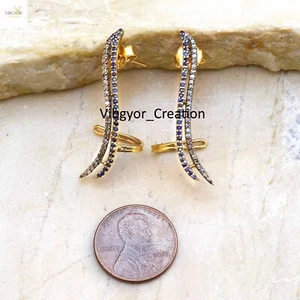 Pave Diamond Climber Cuff Earrings Sapphire Gemstone 925 Sterling Silver Jewelry - Picture 1 of 3