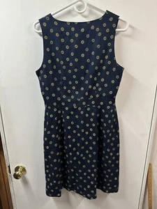 J Crew Women 6 Navy Blue Yellow Linen Blend Floral Button Front Sunflower Dress - Picture 1 of 6
