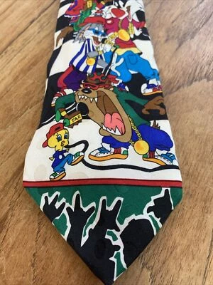 Винтажный шелковый галстук Looney Tunes Mania 1993 Bugs Taz Daffy Coyote Rappin Tunes C46 - Изображение 1 из 4