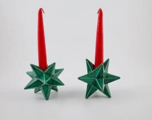 Vintage Paar grüne Keramik Weihnachtsstern geformte Kerzenhalter Mittelstück - Bild 1 von 13