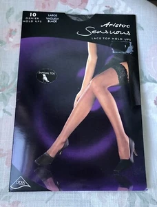 ARISTOC SENSUOUS SHEER LACE TOP HOLD UPS VAGUELY BLACK LARGE 10 DENIER - Picture 1 of 2