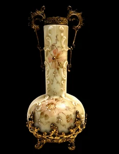 Antik Viktorianisch C.F. Monroe Floral Wave Crest Kunstglas Vase Ormolu vergoldeter Rahmen - Bild 1 von 14