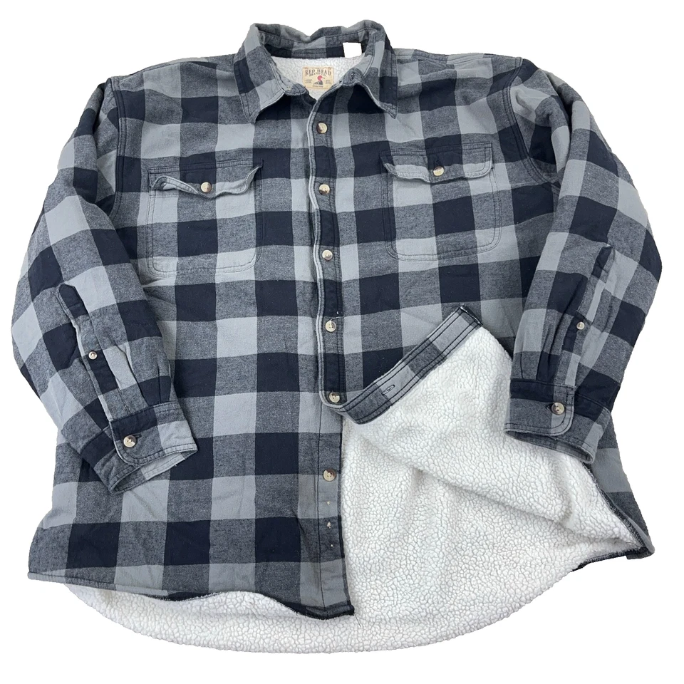 RedHead Shacket Men XXL 2XL Gray Buffalo Plaid Sherpa Lined Flannel Shirt Jacket - Image 1 of 4