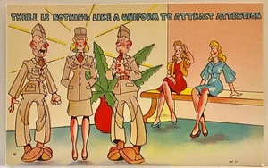 Woman In Army Uniform~Soldiers Surround Her~Ignore Others WW II Comic Postcard - Picture 1 of 2