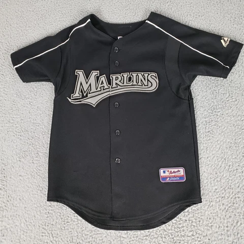 VINTAGE Florida Marlins Jersey Youth Medium Black Button Stitch Majestic USA Cover