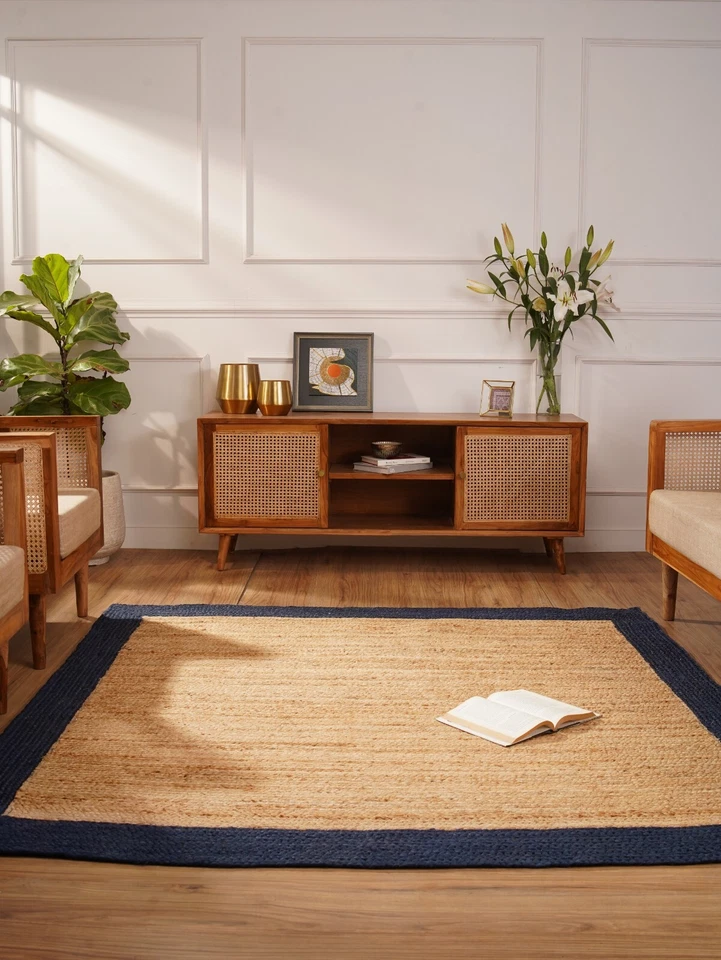 Eco-Friendly Hand Woven Jute Area Rug Oriental Beige Blue BBH Homes BBJ00026 - Image 1 of 1