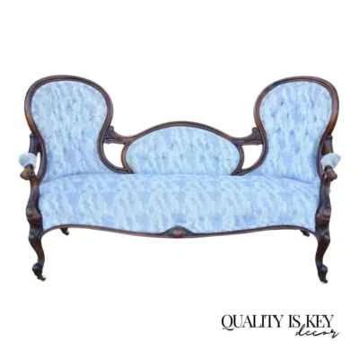 Antique Victorian Carved Mahogany Triple Hump Back Parlor Fireside Sofa - Image 1 of 4