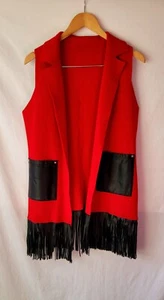 Vintage Sz M Red Long Vest Fringe - Picture 1 of 14