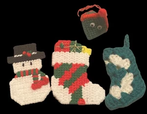 Vintage Plastic Cross Stitch Christmas Ornaments X 3 & 1 Mini Crochet Stocking - Picture 1 of 10