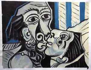 PABLO PICASSO € HAND PAINTED OIL after Picasso 1969 THE KISS $ RARE ART VERSION