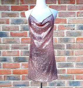 Dance & Marvel S Rose Pink Sequin Cowl Neck Halter Slip Minidress Festival Party - Picture 1 of 10