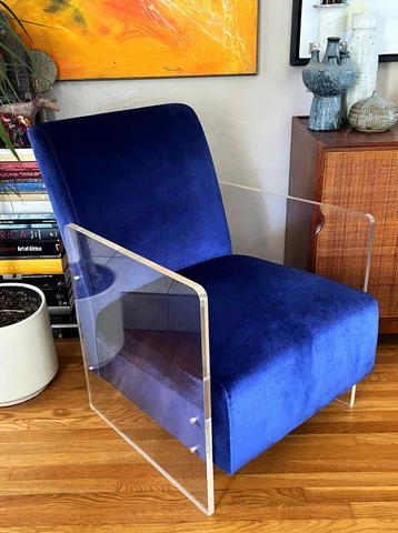 LUCITE ACRYLIC BLUE VELVET ARMCHAIR LOUNGE CLUB CHAIR BAUGHMAN MCM STYLE NO SHIP Cover