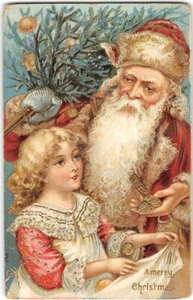"EINE FROHE WEIHNACHTEN" Weihnachtsmann & Mädchen Grüße 1910er geprägte antike Postkarte - Bild 1 von 2