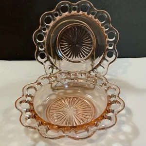 Open Lace Bowl Soup Salad Cereal Pink Glass Set Lot 2 Hazel Atlas - Picture 1 of 5