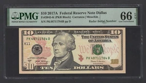 United States 10 Dollars 2017A Fr#2045-K (PKB Block) "Radar S/N" UNC Grade 66 - Picture 1 of 2
